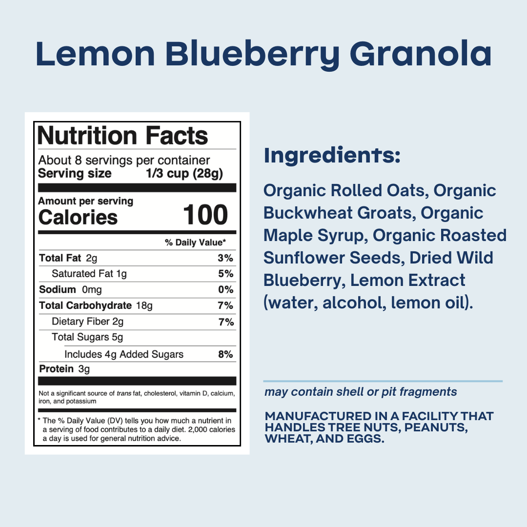 Ingredient list for Blueberry Lemon Granola